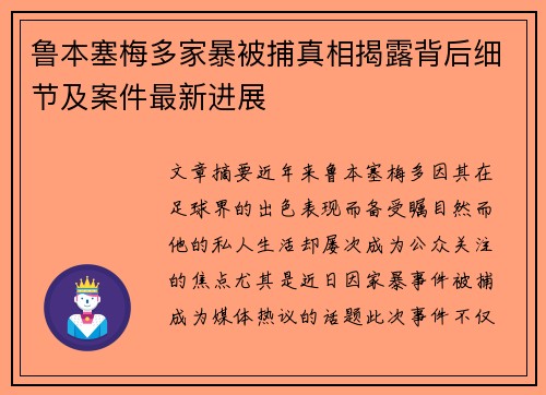 鲁本塞梅多家暴被捕真相揭露背后细节及案件最新进展