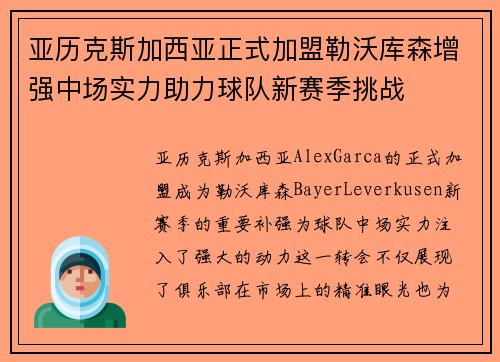 亚历克斯加西亚正式加盟勒沃库森增强中场实力助力球队新赛季挑战